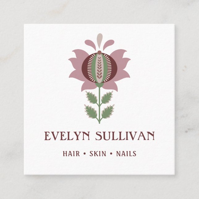 dusty lilac folk art flower square business card (Front)