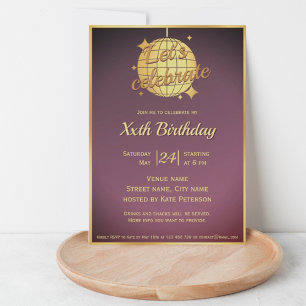 Dusty lilac gold disco ball birthday party invitation