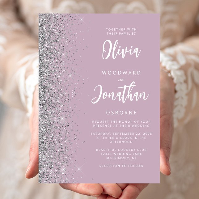 Dusty Lilac Silver Glitter Calligraphy Wedding Invitation (Creator Uploaded)