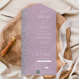Dusty Lilac Silver Glitter QR Code Wedding All In One Invitation