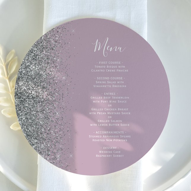 Dusty Lilac Silver Glitter Round Wedding Menu (Creator Uploaded)