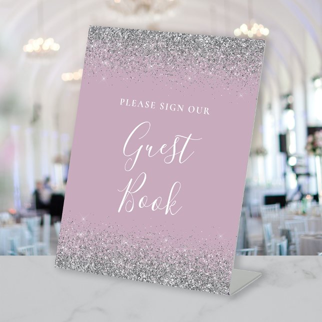 Dusty Lilac Silver Glitter Wedding Guest Book Pedestal Sign (Creator Uploaded)
