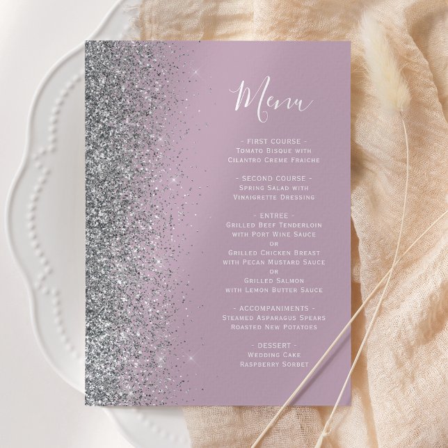 Dusty Lilac Silver Glitter Wedding Menu (Creator Uploaded)