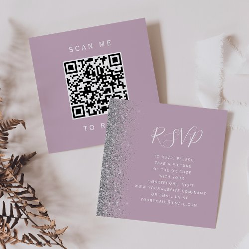 Dusty Lilac Silver Glitter Wedding QR Code RSVP Enclosure Card