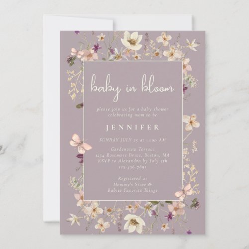 Dusty Mauve Baby In Bloom Wildflower Baby Shower  Invitation