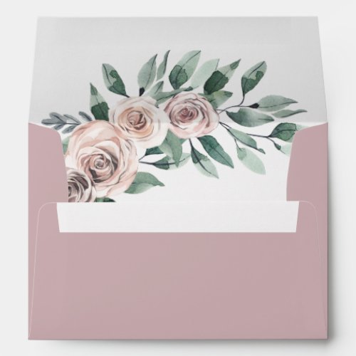 Dusty Mauve Boho Chic Rose Greenery Floral Wedding Envelope