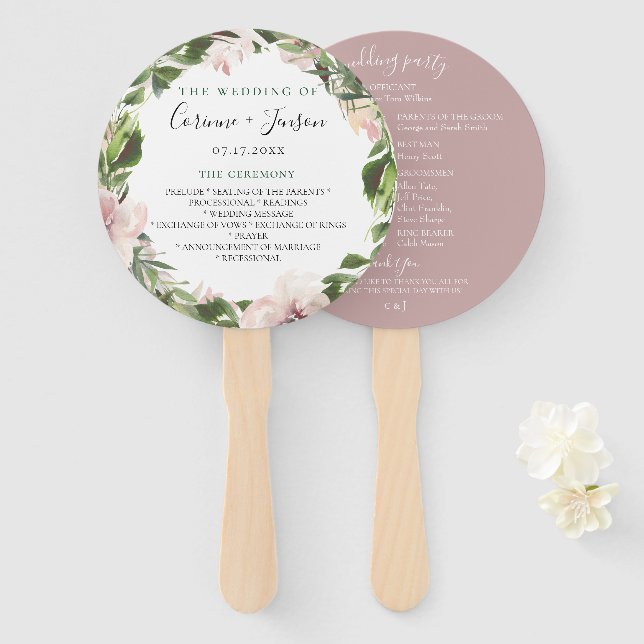 Dusty Mauve Botanical Wedding Program Hand Fans (Front and Back)