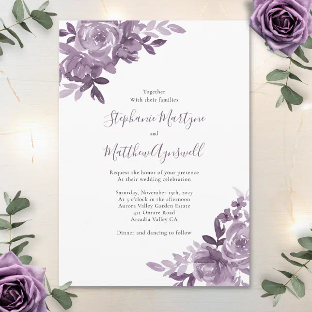 Dusty Mauve Floral Roses Botanical Wedding Invitation 