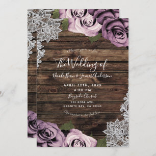 Dusty Mauve Floral Roses Rustic Wood Lace Wedding Invitation