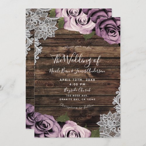 Dusty Mauve Floral Roses Rustic Wood Lace Wedding Invitation