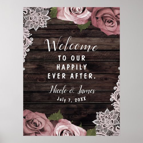 Dusty Mauve Floral Roses Rustic Wood Lace Wedding Poster