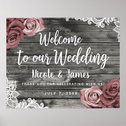 Dusty Mauve Floral Roses Rustic Wood Lace Wedding  Poster