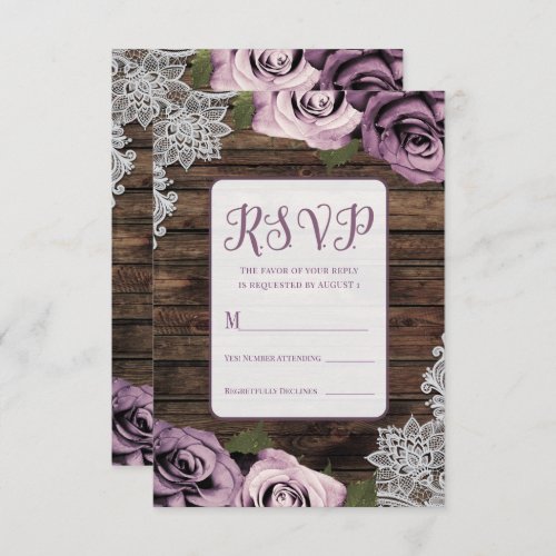 Dusty Mauve Floral Roses Rustic Wood Lace Wedding RSVP Card