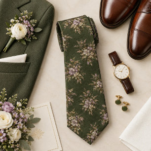 Dusty Mauve Foraged Floral on Moss Green Neck Tie