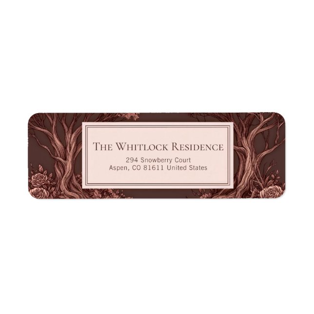 Dusty Mauve Gnarled Tree Engraved Rose Label (Front)