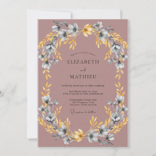 Dusty Mauve Gold Wreath Wedding Invitation