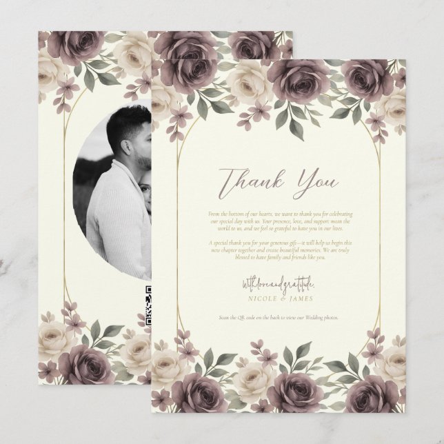 Dusty Mauve & Ivory Bloom Botanical Thank You Invitation (Front/Back)