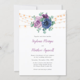Dusty Mauve Navy Blue Eucalyptus Lights Wedding Invitation