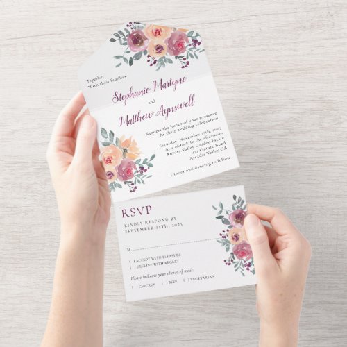 Dusty Mauve Peach Blush Floral Wedding All In One Invitation