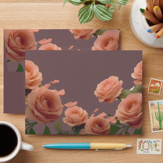 Dusty Mauve Peach Rose Petals Promises Wedding Envelope (Desk)