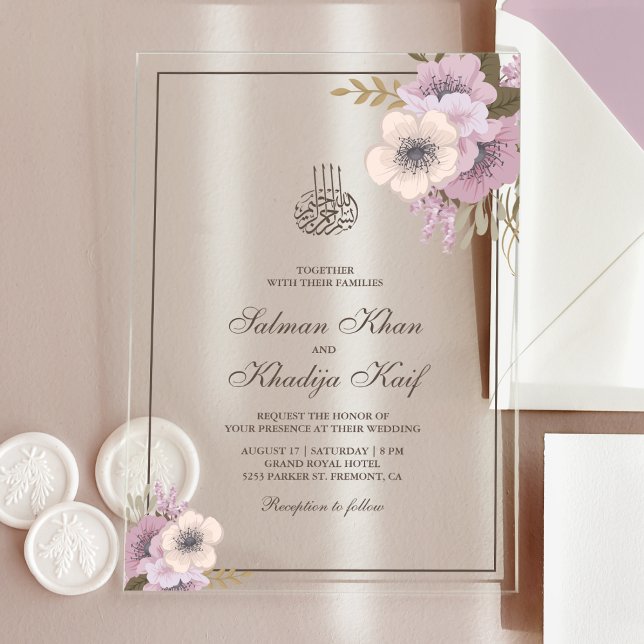 Dusty Mauve Pink Floral Islamic Muslim Wedding Acrylic Invitations (Creator Uploaded)