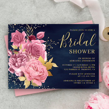 Dusty Mauve Pink Floral Navy Blue Bridal Shower Invitation by ShabzDesigns at Zazzle
