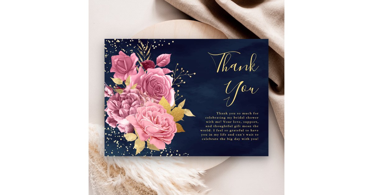 Dusty Mauve Pink Floral Navy Blue Bridal Shower Thank You Card | Zazzle