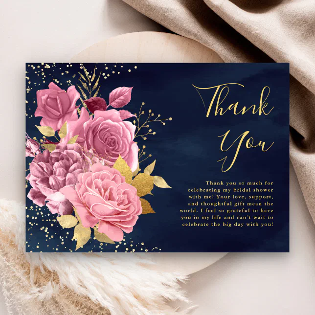 Dusty Mauve Pink Floral Navy Blue Bridal Shower Thank You Card | Zazzle