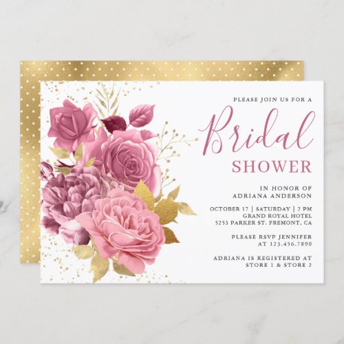 Dusty Mauve Pink Floral Rose Bridal Shower Invitation