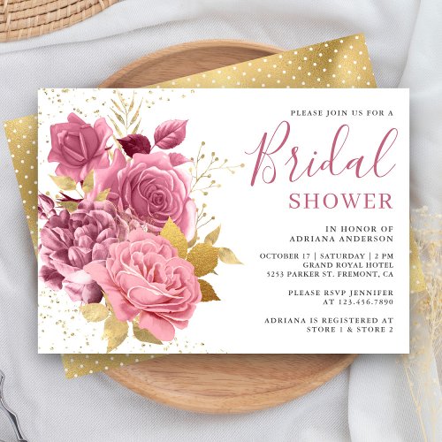 Dusty Mauve Pink Floral Rose Bridal Shower Invitation