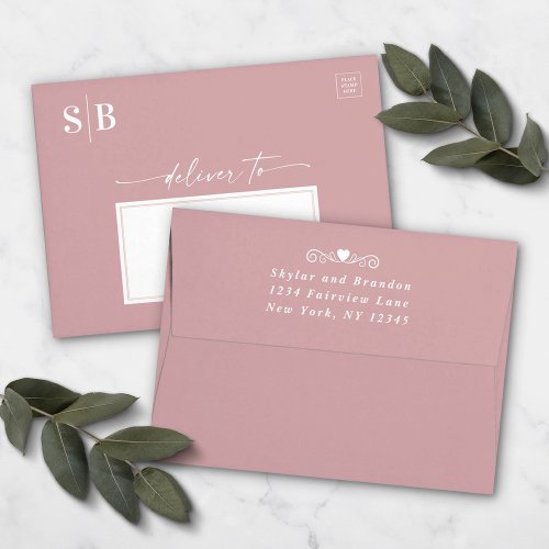 Dusty Mauve Pink Monogram 5x7 Wedding Invitation Envelope