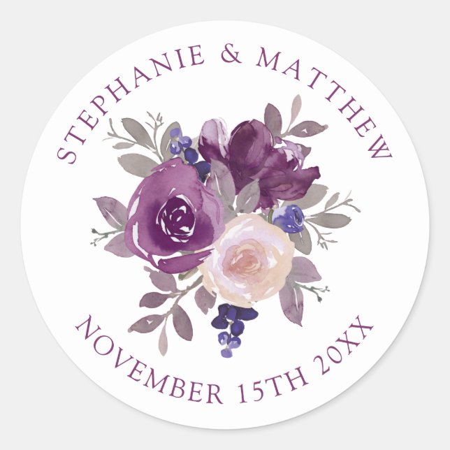 Dusty Mauve Purple Blush Floral Botanical Wedding Classic Round Sticker (Front)