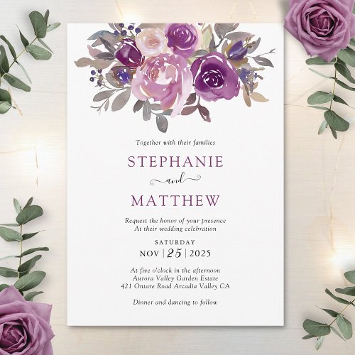 Dusty Mauve Purple Blush Floral Botanical Wedding Invitation