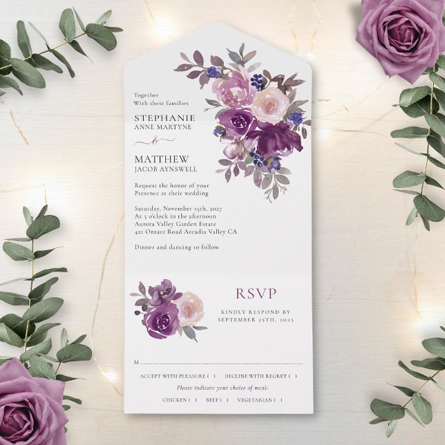 Dusty Mauve Purple Blush Floral Wedding All In One Invitation (Creator Uploaded)