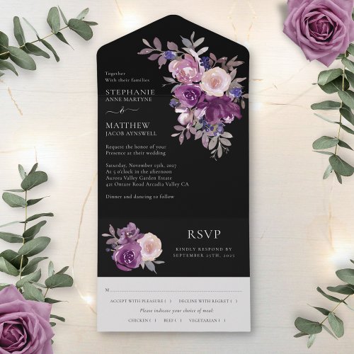 Dusty Mauve Purple Blush Floral Wedding Black All In One Invitation