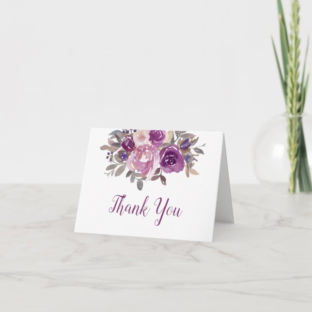 Dusty Mauve Purple Blush Floral Wedding Thank You Card (Front)