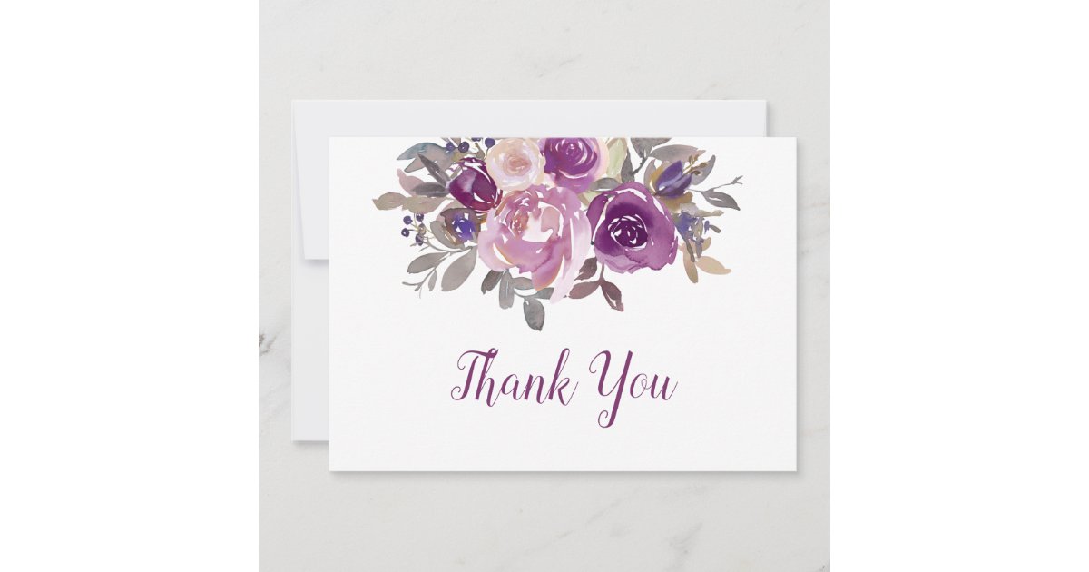 Dusty Mauve Purple Blush Floral Wedding Thank You Card | Zazzle