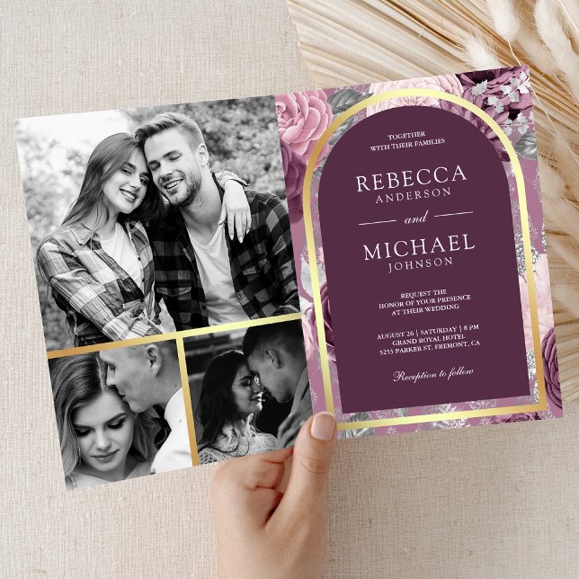 Dusty Mauve Purple Floral Arch QR Code Wedding Invitation (Creator Uploaded)
