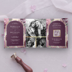 Dusty Mauve Purple Floral Arch QR Code Wedding Tri-Fold Invitation