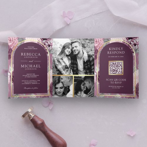 Dusty Mauve Purple Floral Arch QR Code Wedding Tri_Fold Invitation