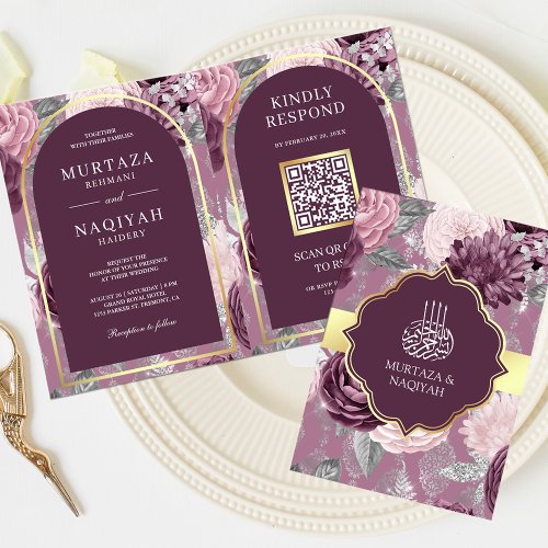 Dusty Mauve Purple Floral QR Code Muslim Wedding Invitation