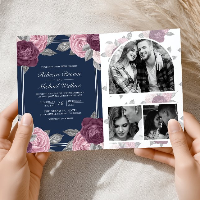 Dusty Mauve Purple Pink Rose QR Code Navy Wedding Invitation (Creator Uploaded)