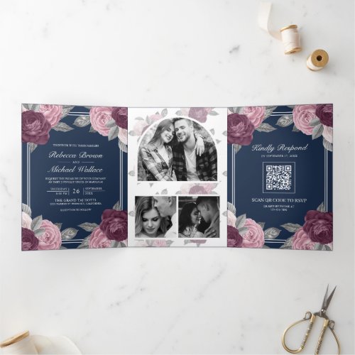 Dusty Mauve Purple Pink Rose QR Code Navy Wedding Tri_Fold Invitation
