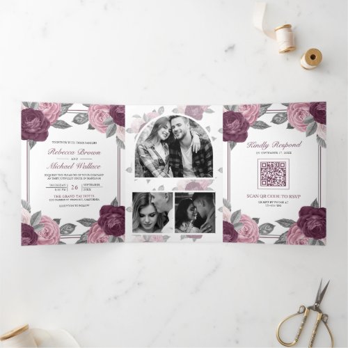 Dusty Mauve Purple Pink Rose QR Code Wedding Tri_Fold Invitation