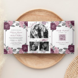Dusty Mauve Purple Pink Rose QR Code Wedding Tri-Fold Invitation