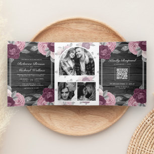 Dusty Mauve Purple Pink Rose QR Code Wood Wedding Tri-Fold Invitation