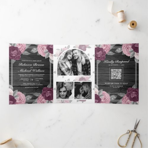 Dusty Mauve Purple Pink Rose QR Code Wood Wedding Tri_Fold Invitation