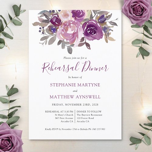 Dusty Mauve Purple Rose Botanical Rehearsal Dinner Invitation
