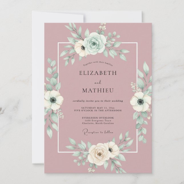 Dusty Mauve Romantic Botanical Wedding Invitation (Front)