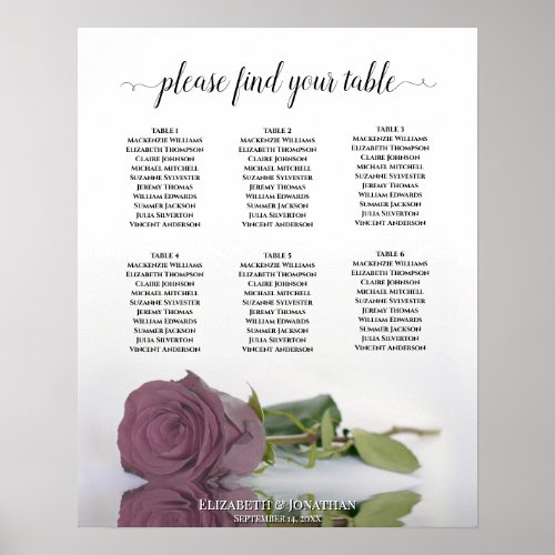 Dusty Mauve Rose 6 Table Wedding Seating Chart